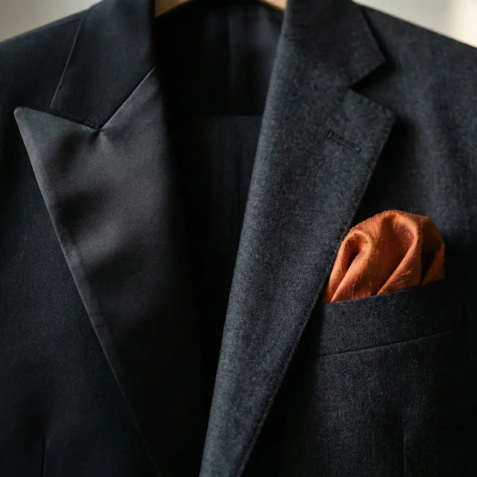 Close-up of a black tuxedo jacket with an orange pocket square, elegant formal wear.