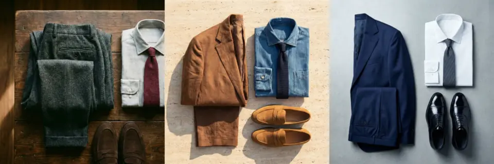 Three side-by-side flat lay outfits demonstrating the versatility of menswear texture, comparing rustic grey wool and dark suede against smooth navy suiting and polished leather shoes.