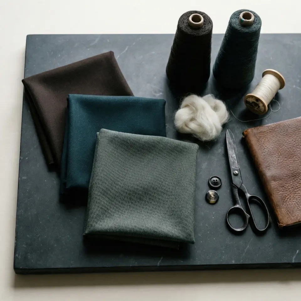 Textile tools on a table with fabric, yarn, scissors, and buttons, ideal for crafting and sewing projects.