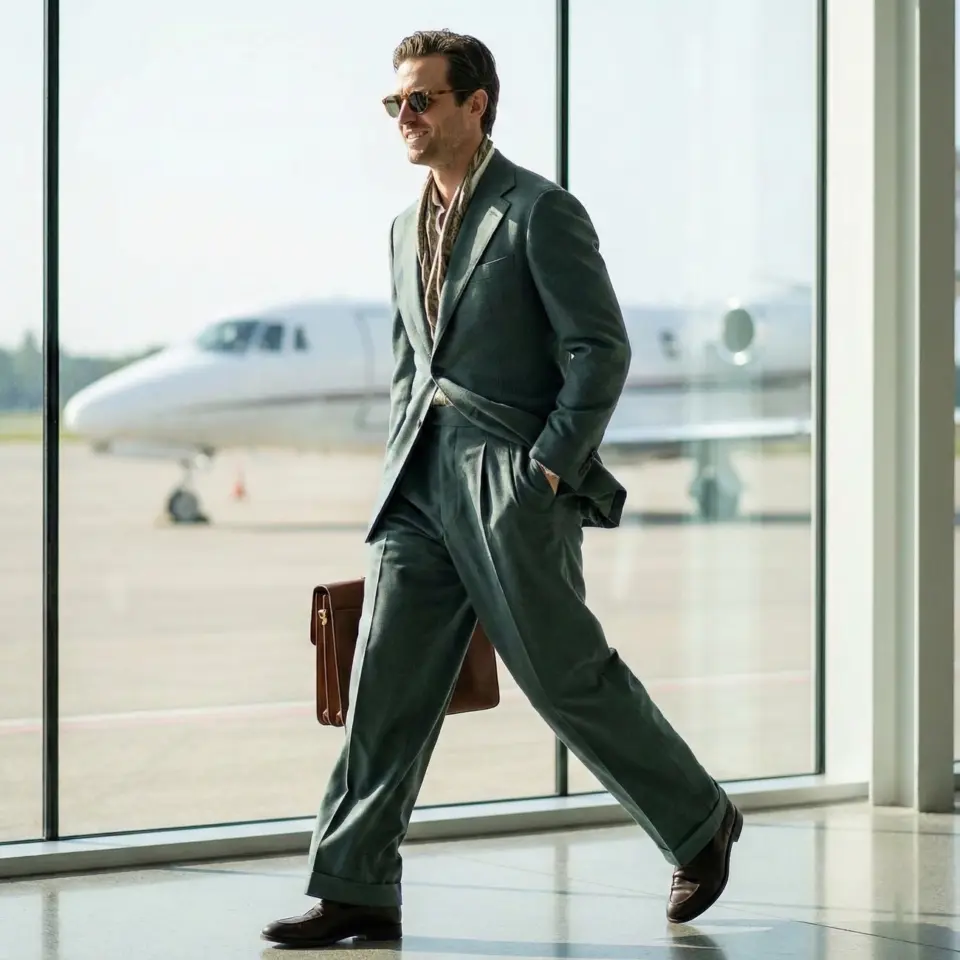 Man in a stylish green suit walks through an airport with a briefcase, private jet in the background.