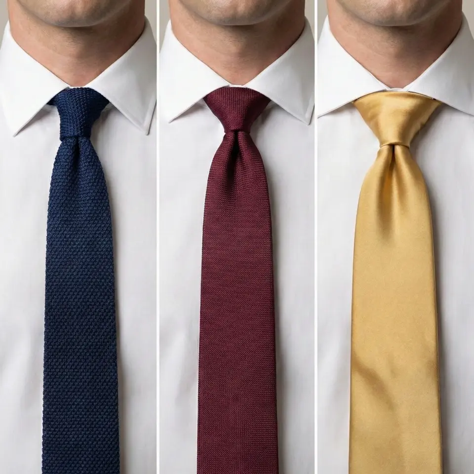 Three men's ties in navy, burgundy, and gold displayed against white shirts for style comparison.