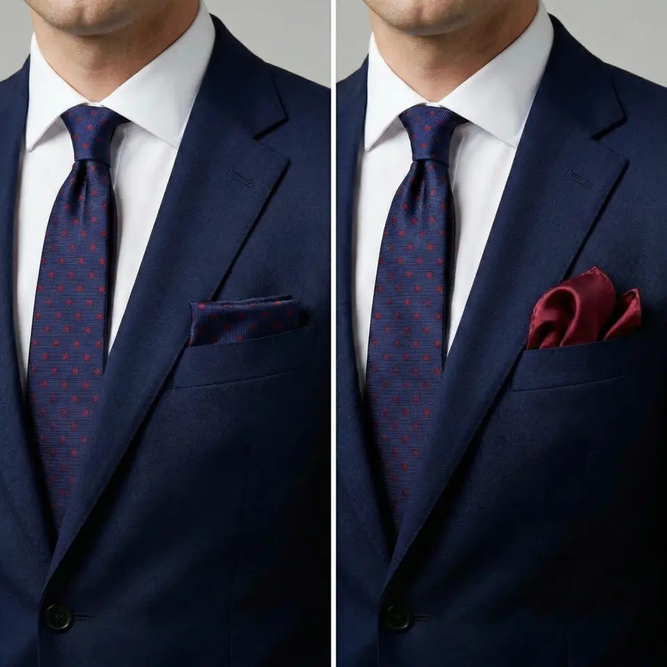 Comparison of blue suits with red polka dot ties and pocket squares; one squared, one puffed.