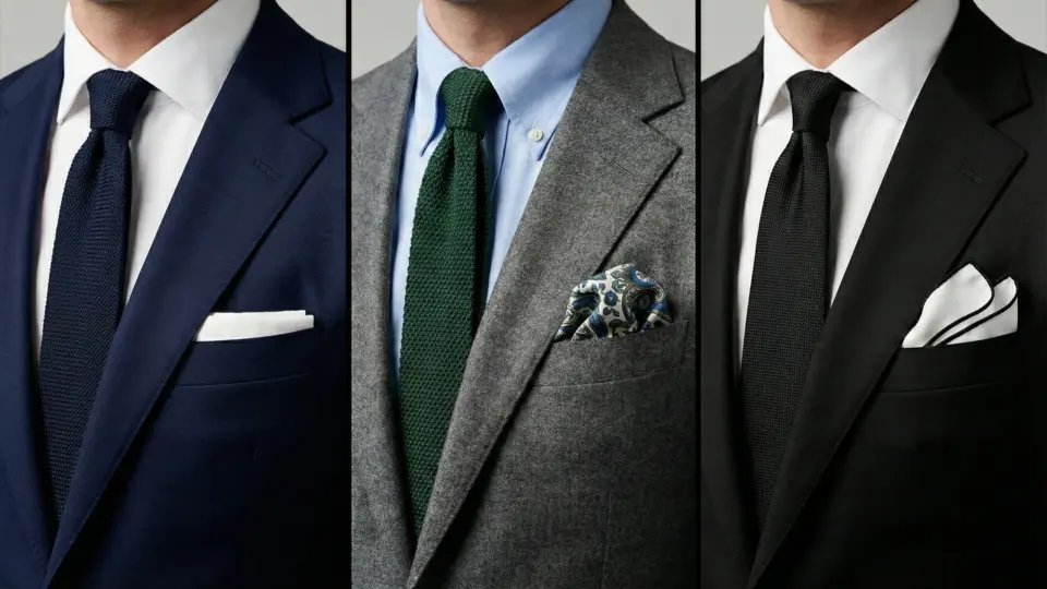 A collage showing three men's suit ensembles with knit ties and pocket squares, highlighting distinct neckwear narratives.