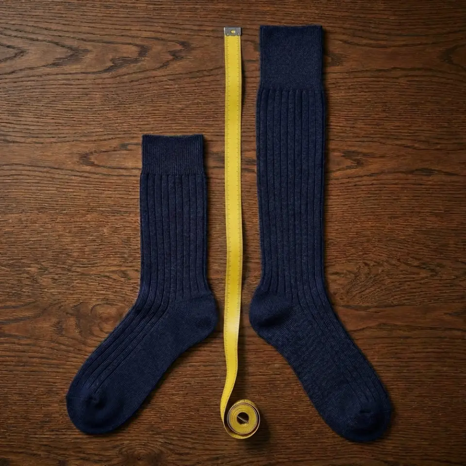 Two navy socks compared with tape measure on wooden surface, showcasing size differences.