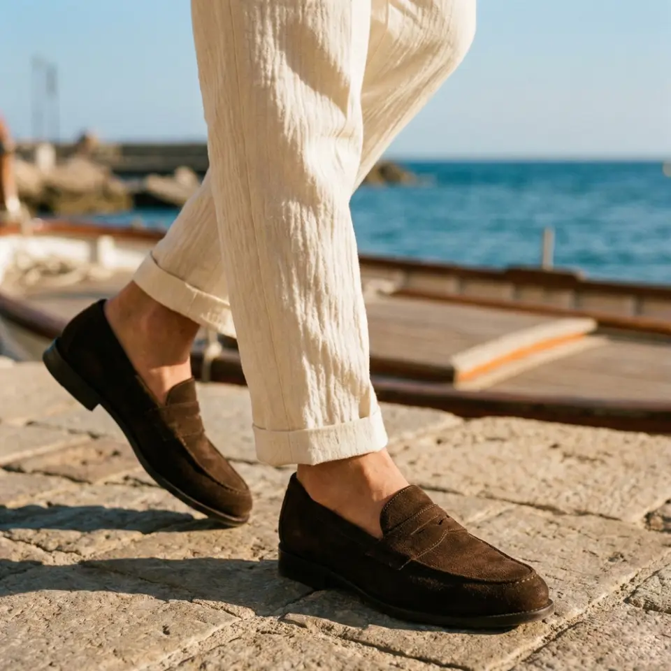 Man in beige pants wearing brown loafers by the seaside on a sunny day.