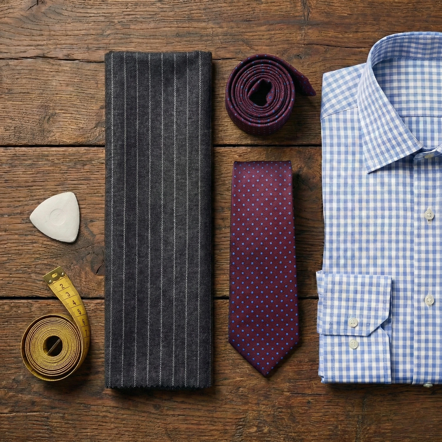 Flat lay arrangement on a wooden surface featuring grey pinstripe suit fabric, a blue gingham shirt, and a burgundy polka dot tie, showcasing a classic example of mixing patterns in menswear.