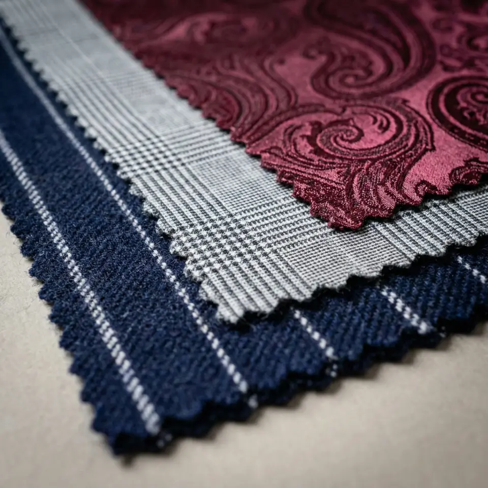 Close-up of three fabric swatches: burgundy paisley, gray plaid, and navy stripe, showcasing diverse textile patterns.