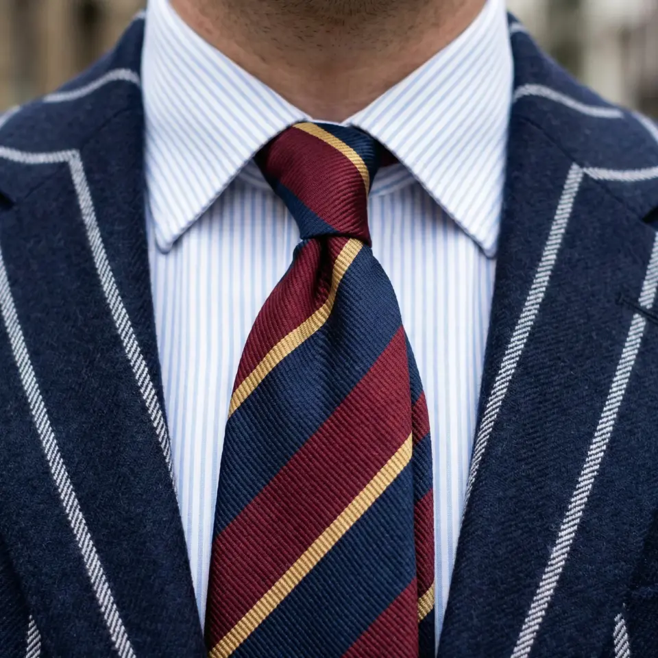 Close-up of a man in a striped navy blazer, striped shirt, and a red and navy diagonal striped tie.