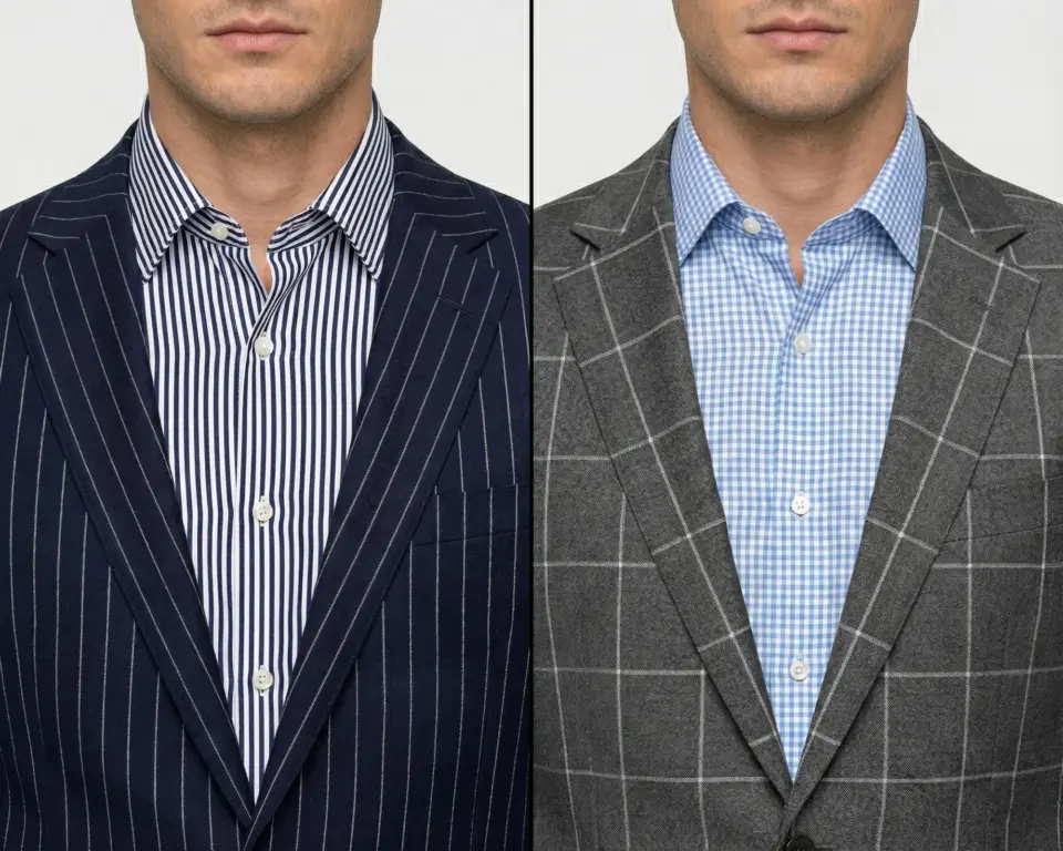 Two men wearing stylish blazers with striped and checkered shirts, showcasing classic and modern fashion styles.
