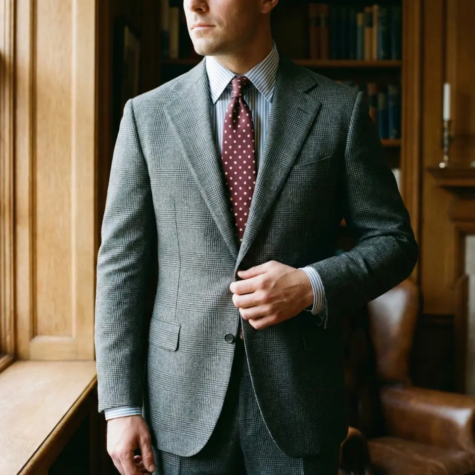 Man in a stylish gray suit and polka dot tie, standing in a sophisticated wood-paneled library.
