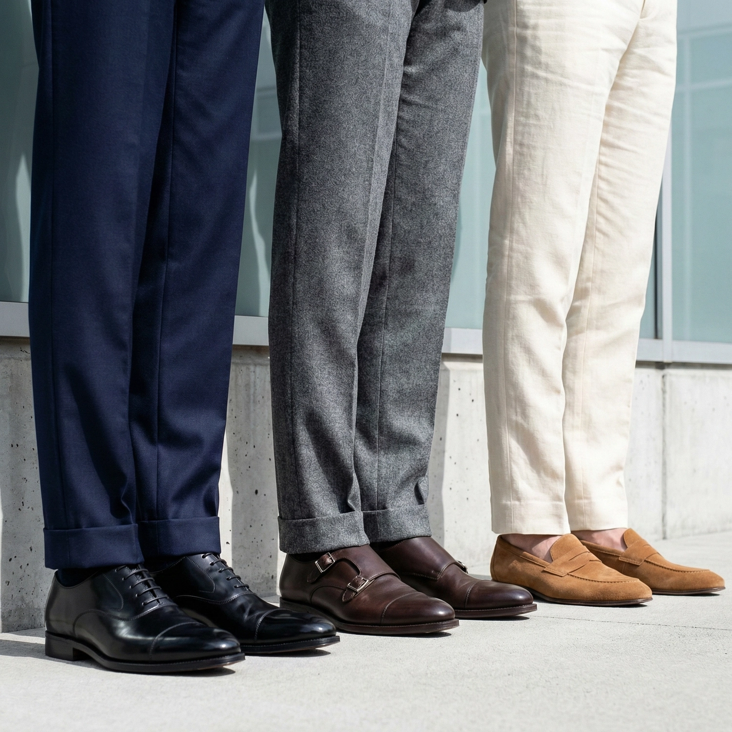 Men's formal footwear styles: black oxfords, brown monk straps, and tan loafers with matching trousers.
