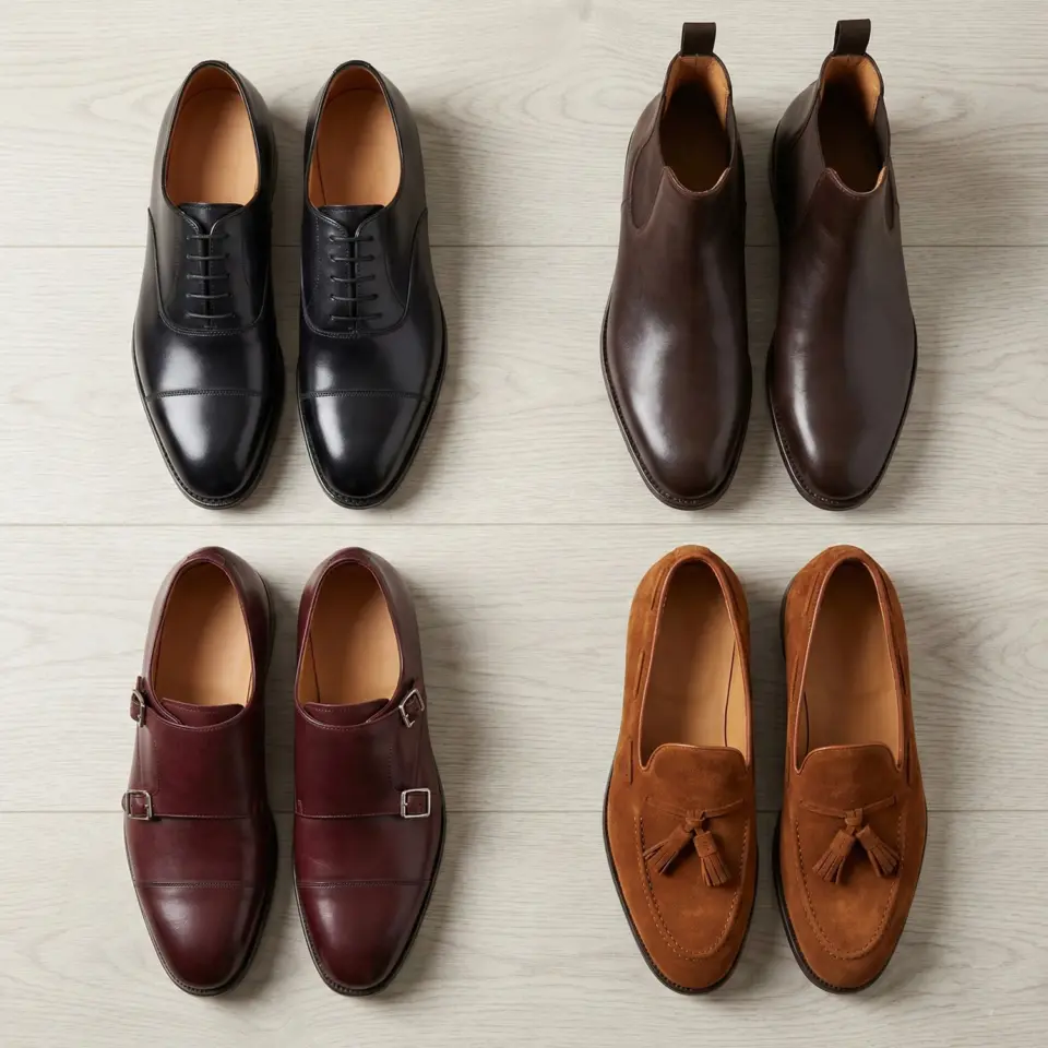 Four pairs of elegant men's shoes on display: black oxfords, brown boots, burgundy monk straps, and tan loafers.