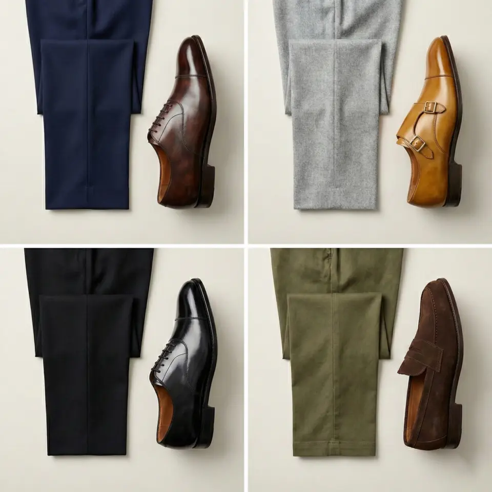 Men's trousers in navy, gray, black, and olive paired with brown, tan, black, and dark brown shoes on a neutral background.