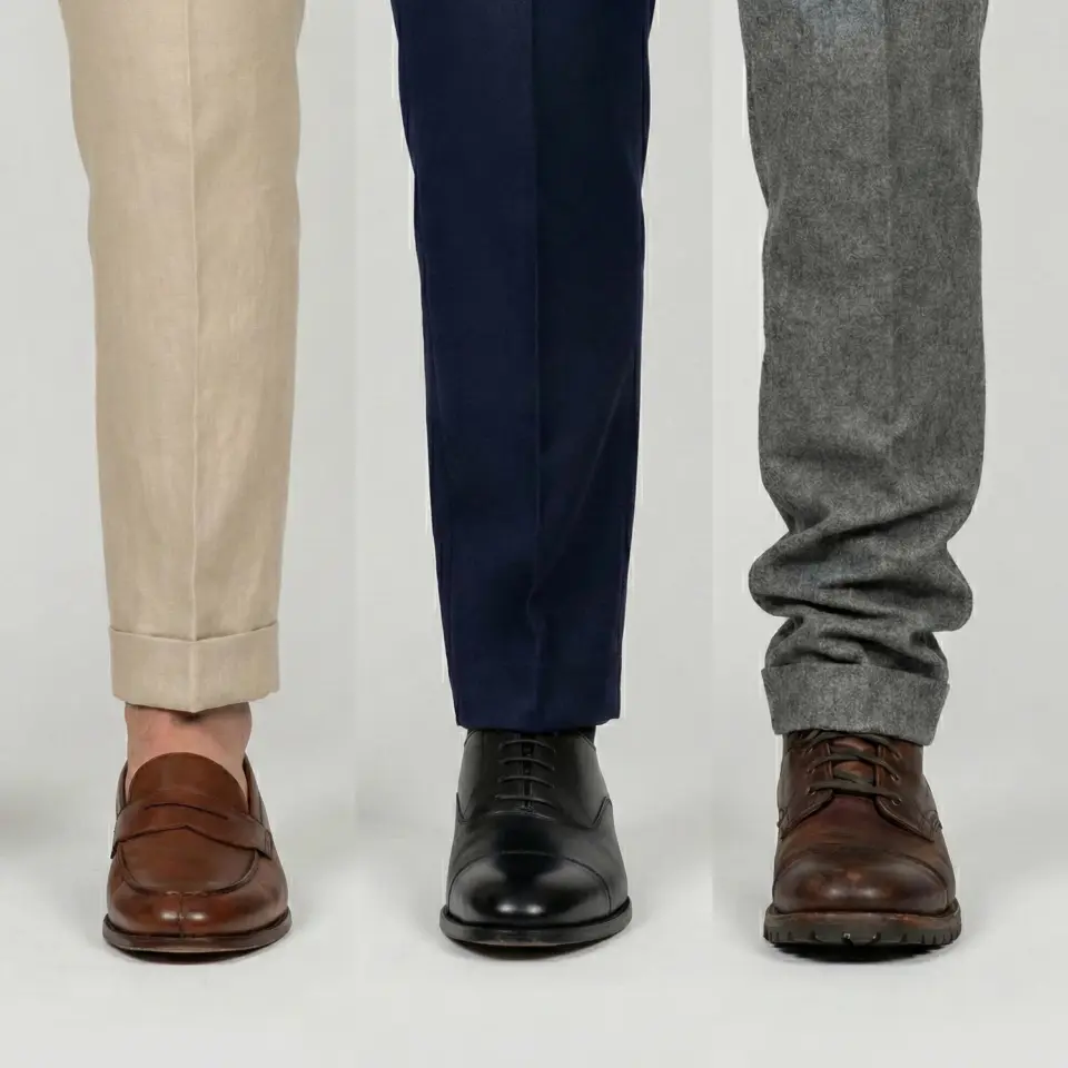 Three pairs of men's dress shoes with trousers: beige and loafers, navy and black oxfords, gray and brown boots.