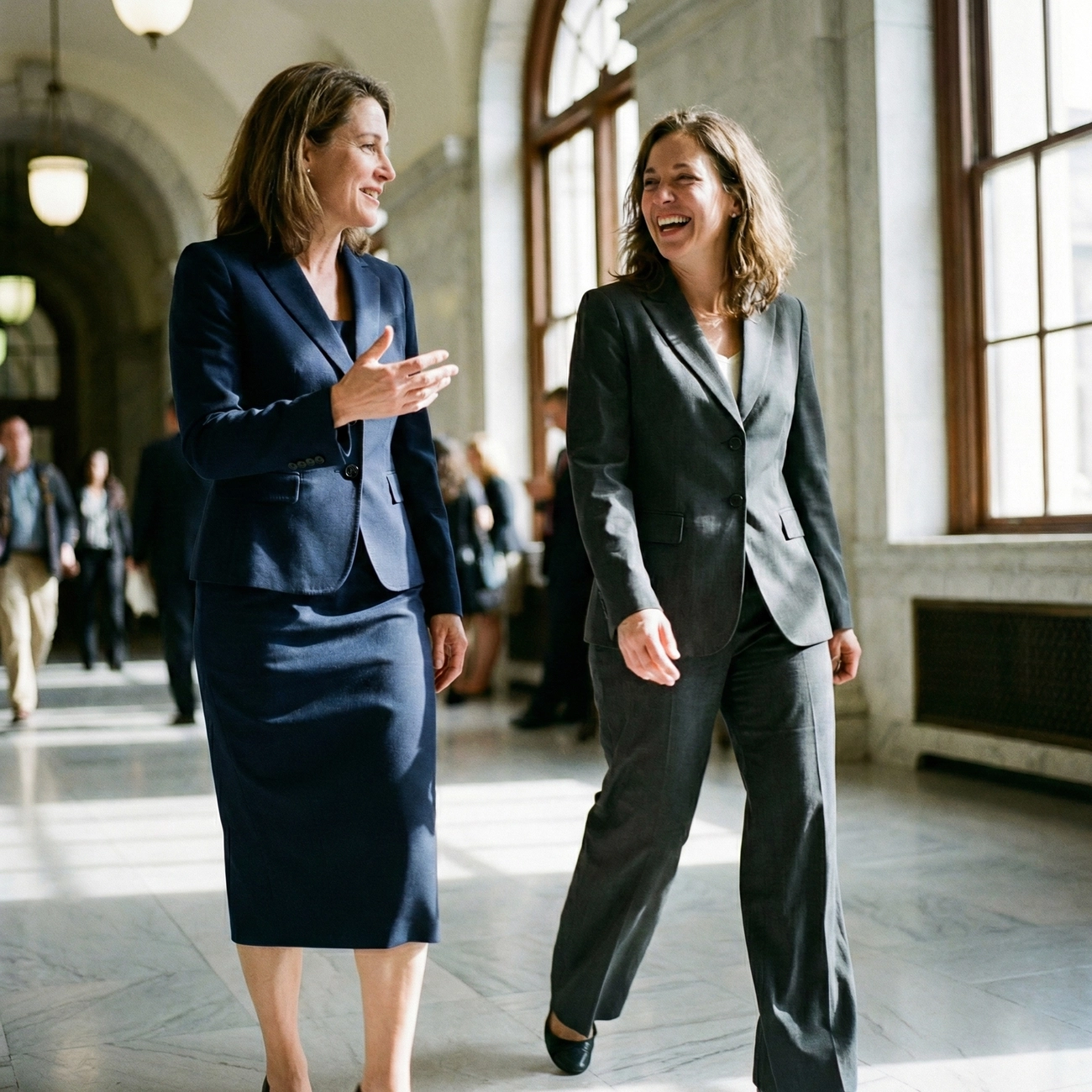 Two professional women walking through a hallway, one wearing a navy skirt suit and the other a grey pant suit, representing the choice between a Skirt suit vs pant suit.