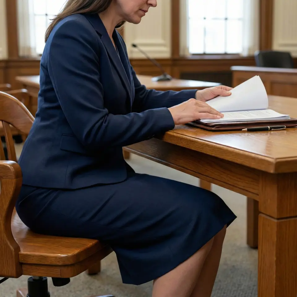 Woman in a blue suit reviewing documents at a courtroom desk. Professional setting with wooden furniture.