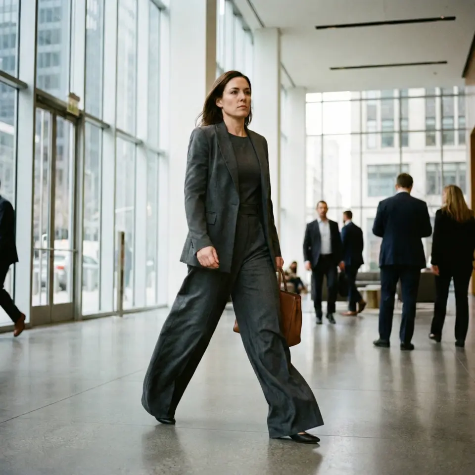 Businesswoman in gray suit walking confidently through corporate office lobby, carrying a brown bag.