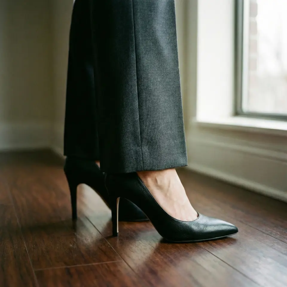 Black high heels on a wood floor with tailored black pants near a window.