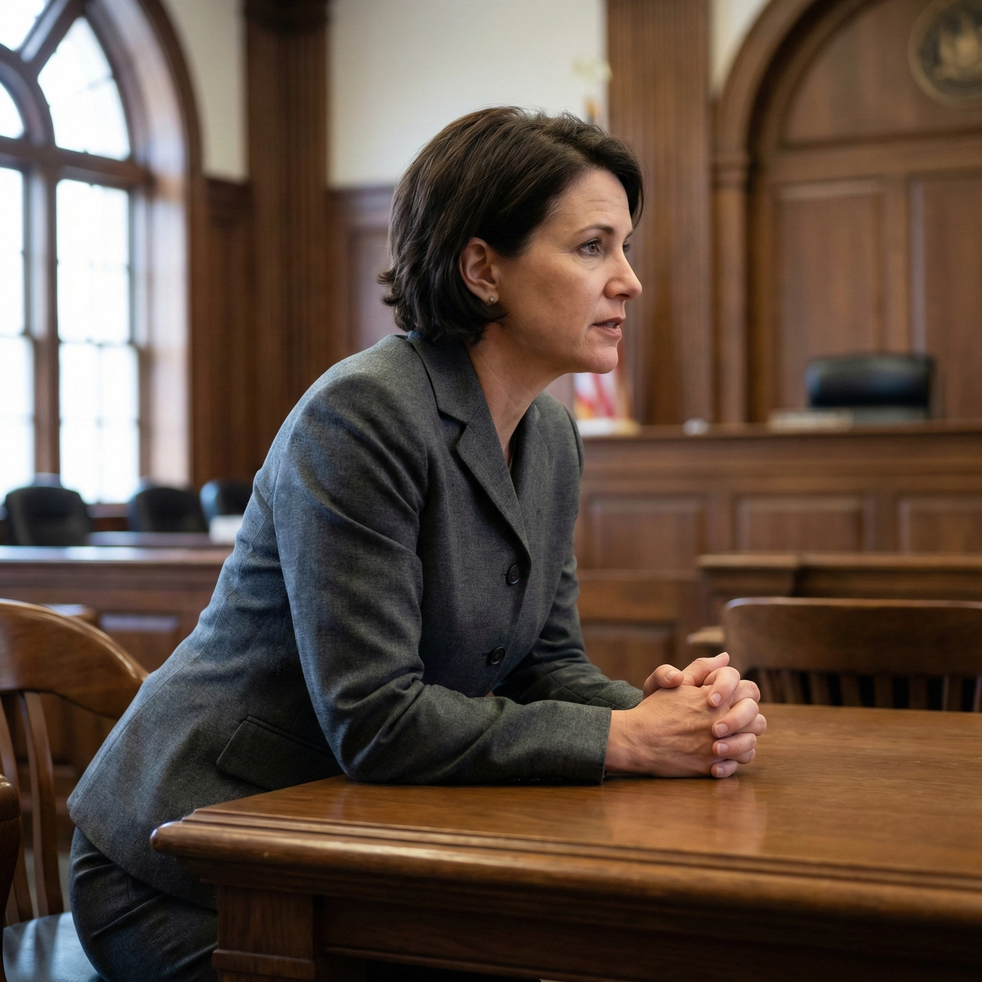 A woman in a suit sits at a table in a courtroom, appearing thoughtful and focused.