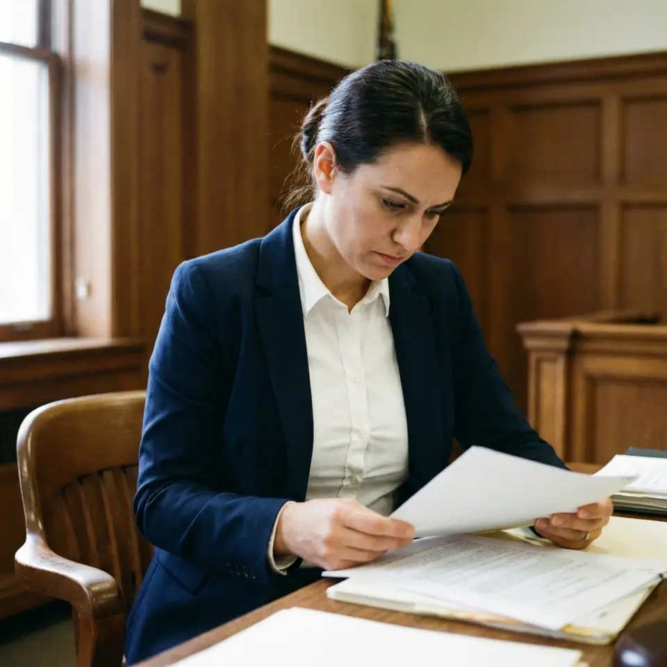 A female lawyer in a navy suit and white shirt, showcasing a professional, tailored fit that prevents button gaping.