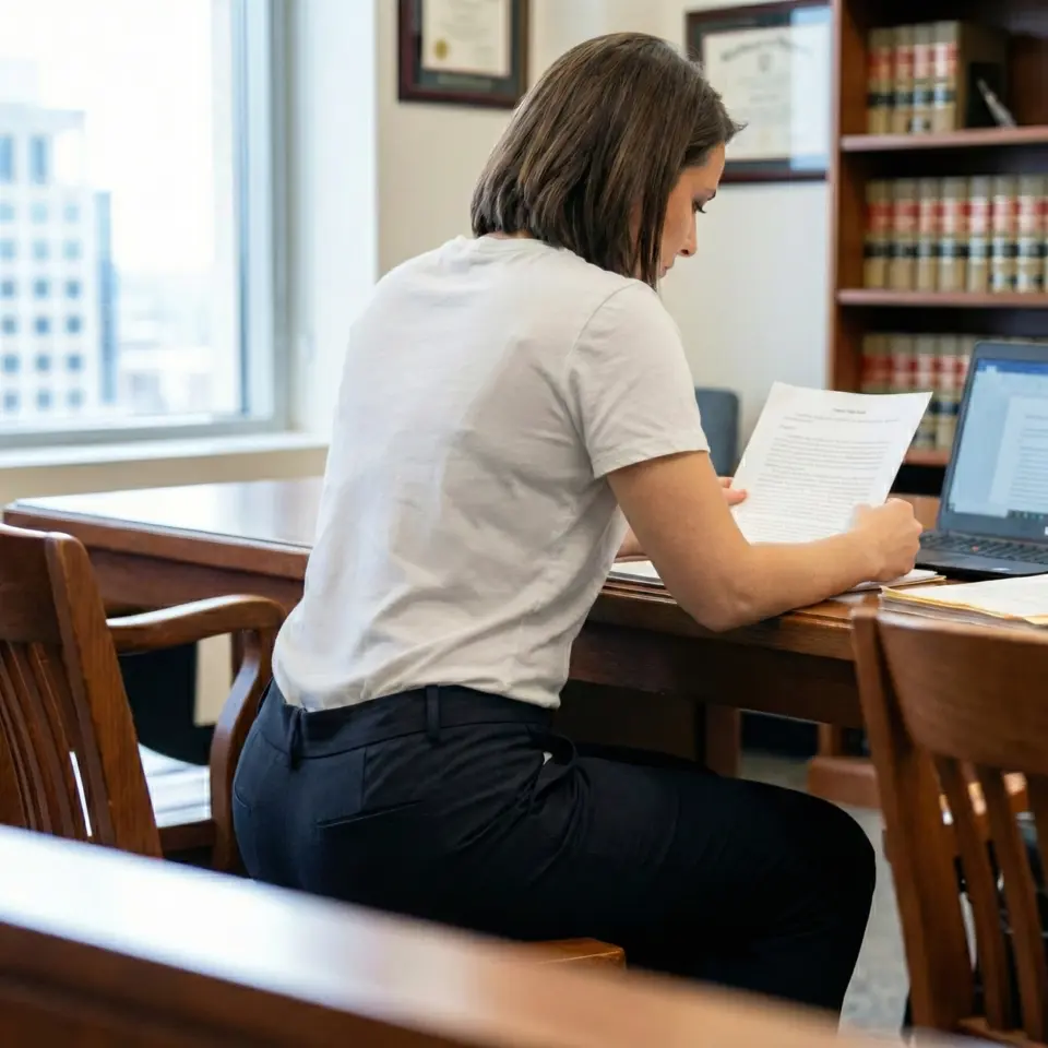 Person reviewing documents at a desk with a laptop and books in an office setting.