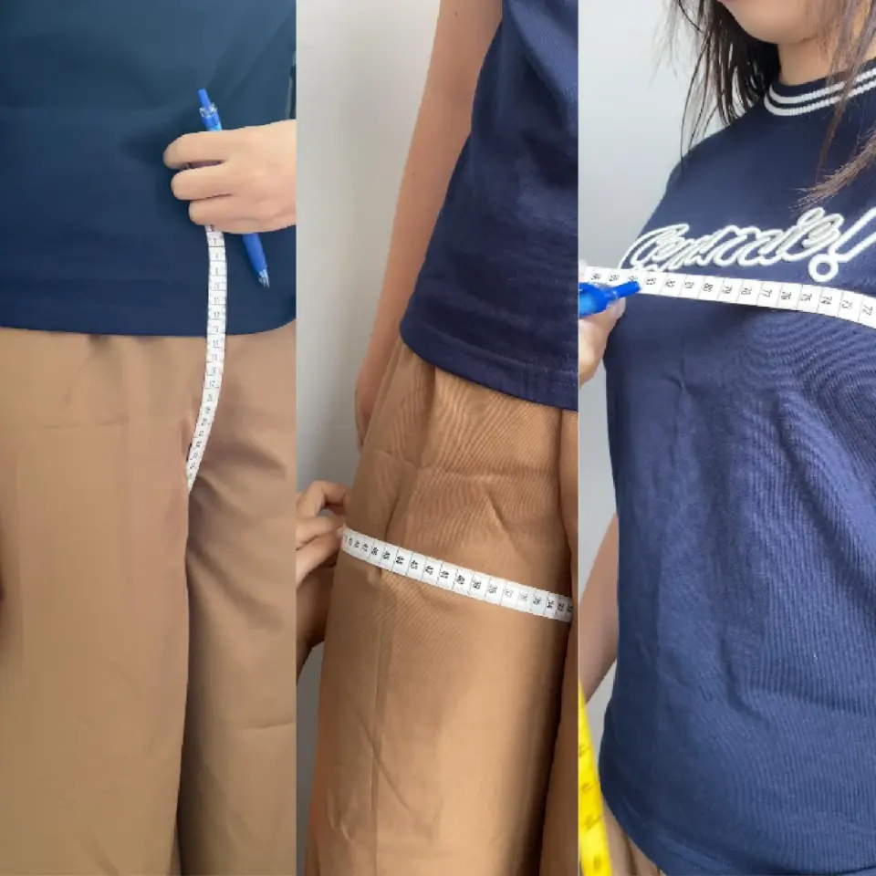 Person measuring waist and hip with measuring tape for accurate clothing fit.