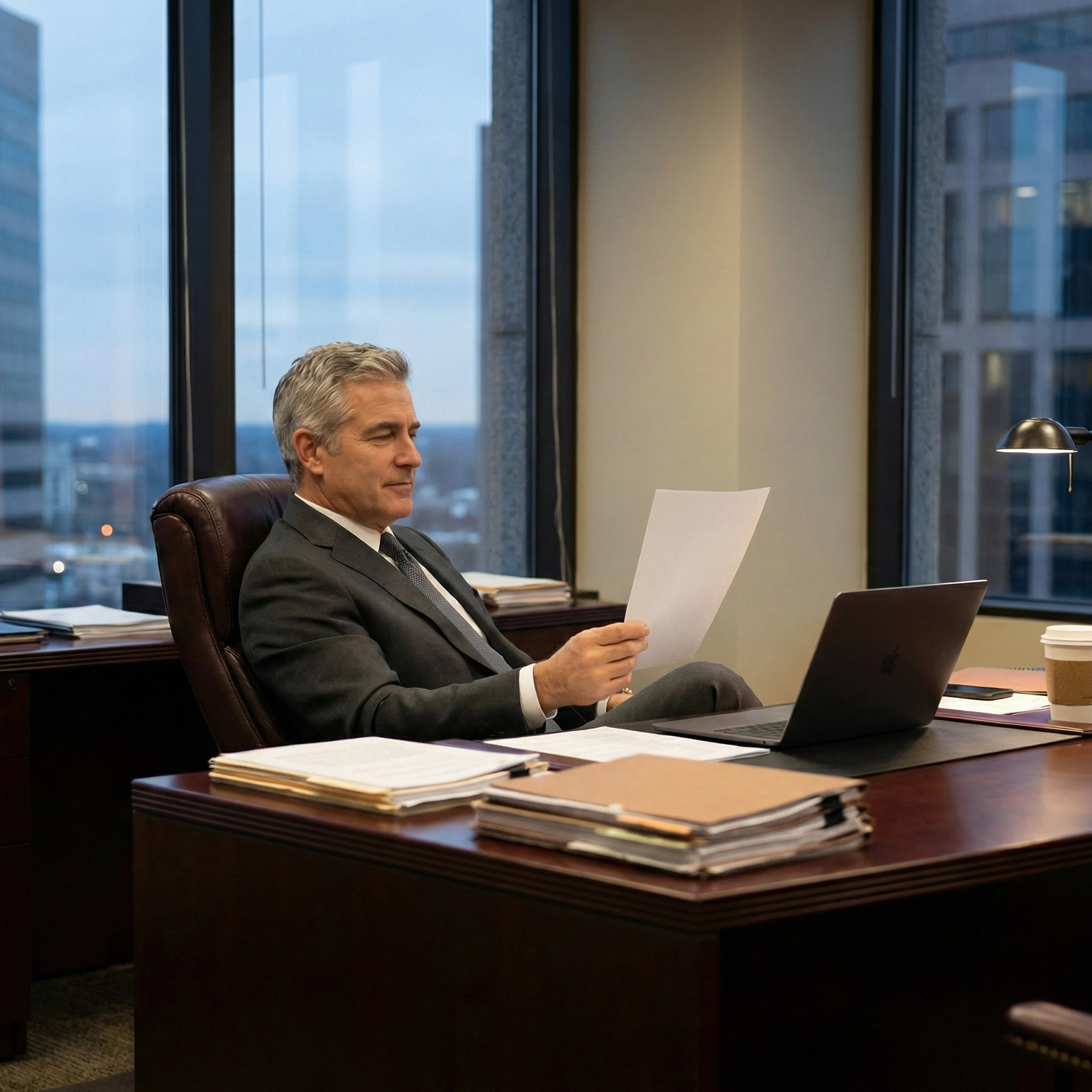 Mature businessman in a suit reviewing documents at his desk in a high-rise office, with a laptop and coffee nearby.