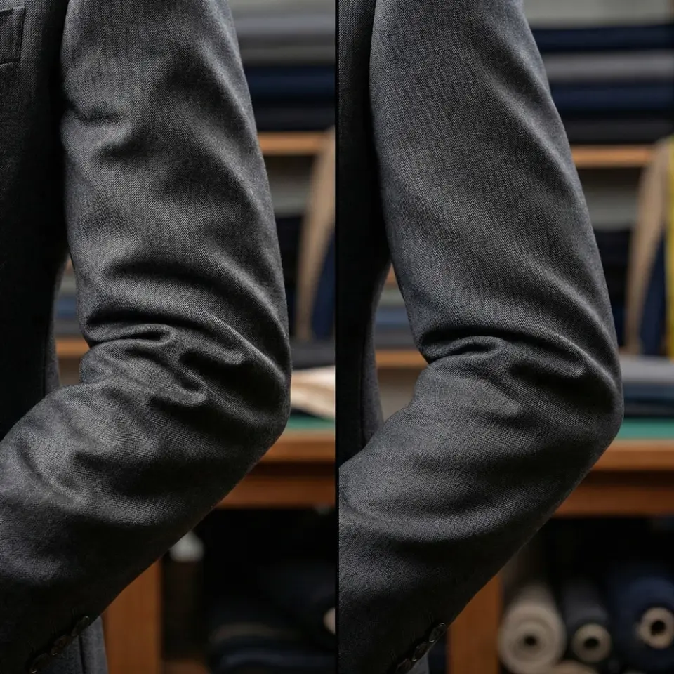 Side-by-side comparison of tailored suit jacket sleeves in a showroom environment.