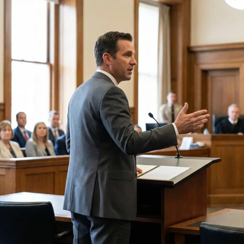 A lawyer speaking at a podium in a courtroom, wearing a well-fitted grey Deposition Suit.