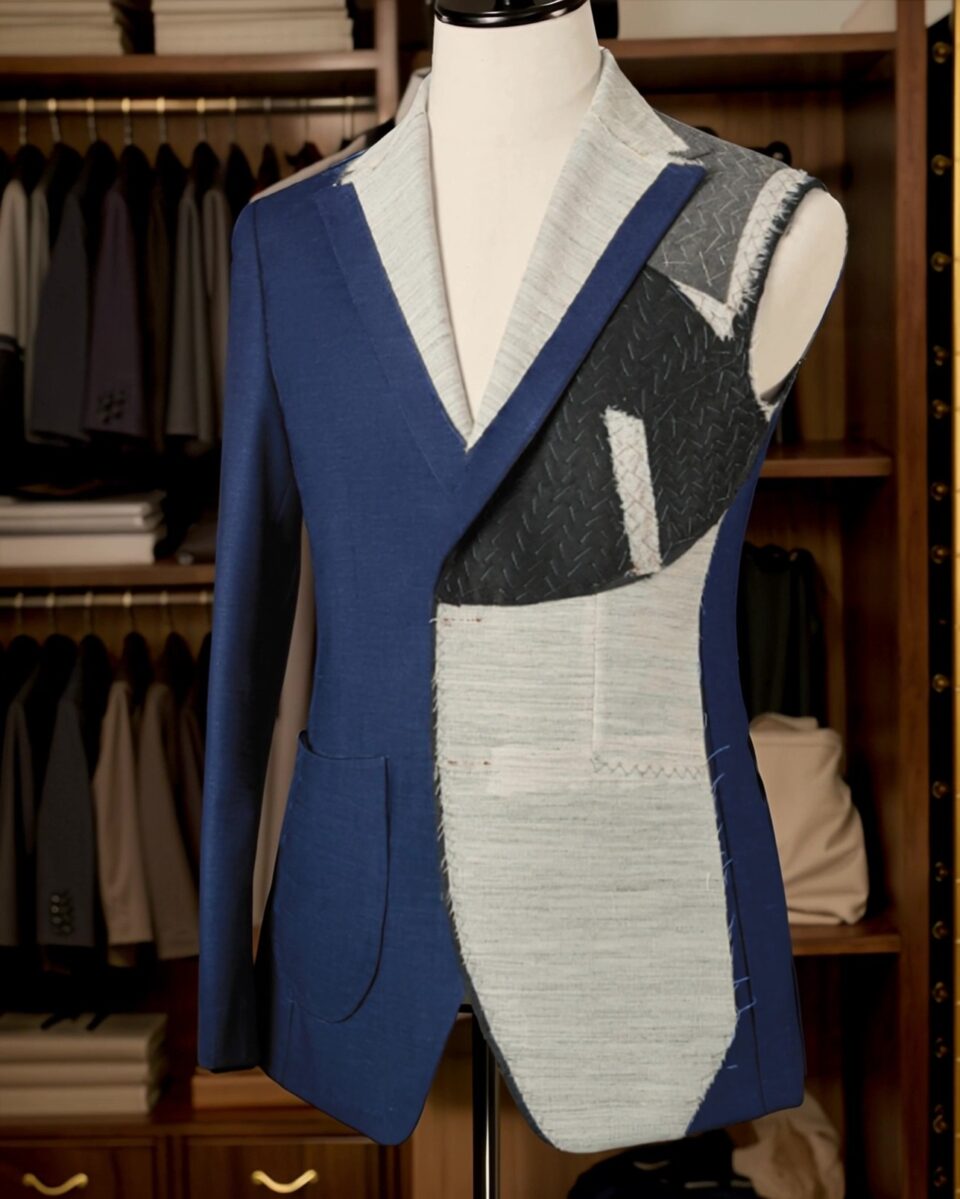 Half-finished blue suit jacket on mannequin, showcasing tailoring craftsmanship and fabric details in a wardrobe setting.