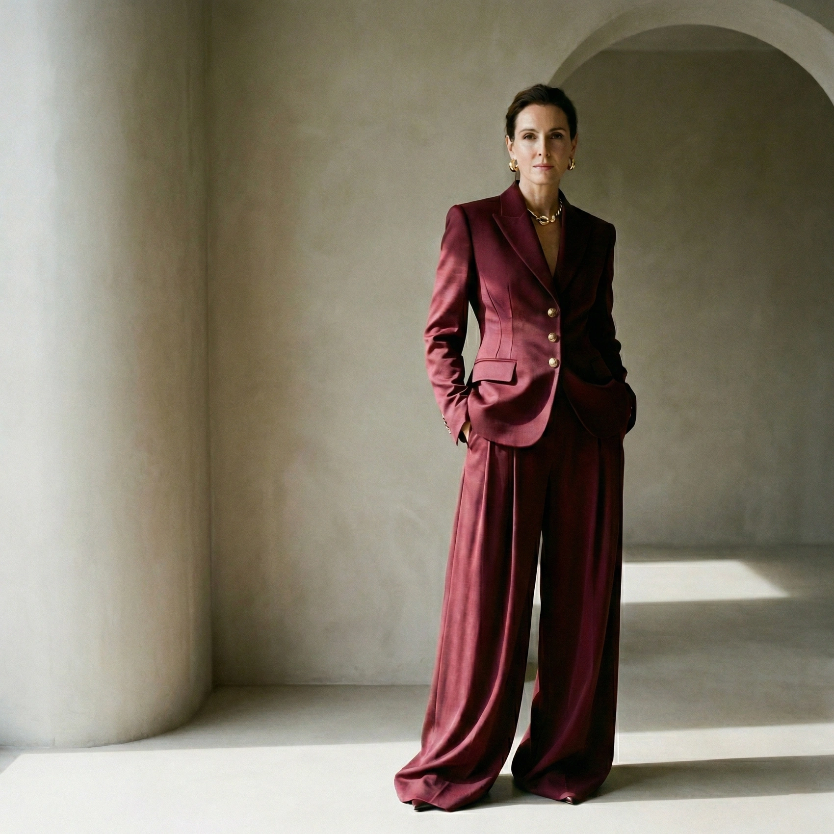 Professional woman in elegant maroon suit stands confidently against neutral background, showcasing fashion sophistication.