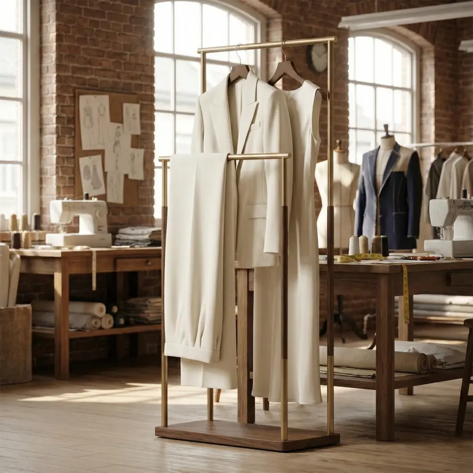 Elegant cream suit displayed in a brick-walled tailoring studio with sewing equipment and large windows.