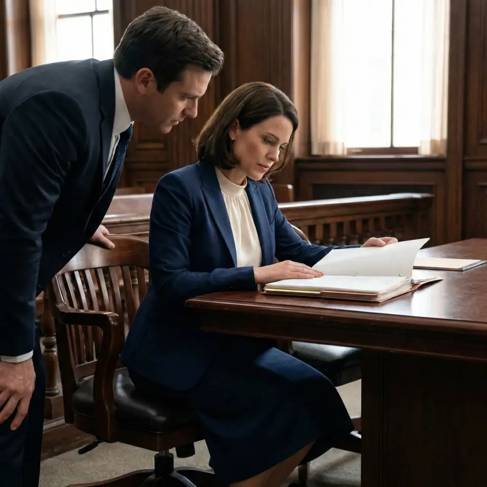Two lawyers in a courtroom reviewing documents, dressed in formal suits, focused and engaged in legal discussion.