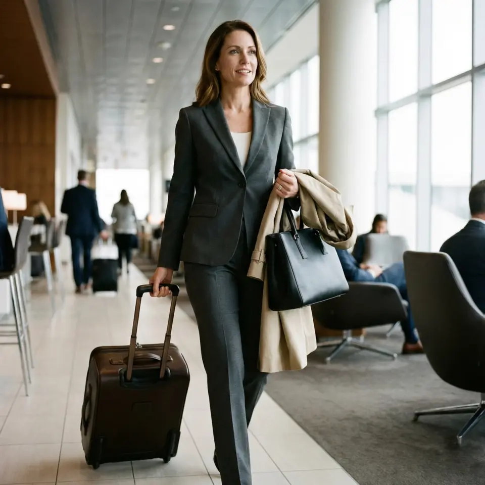 Professional woman in suit walking through airport with luggage, smiling confidently.