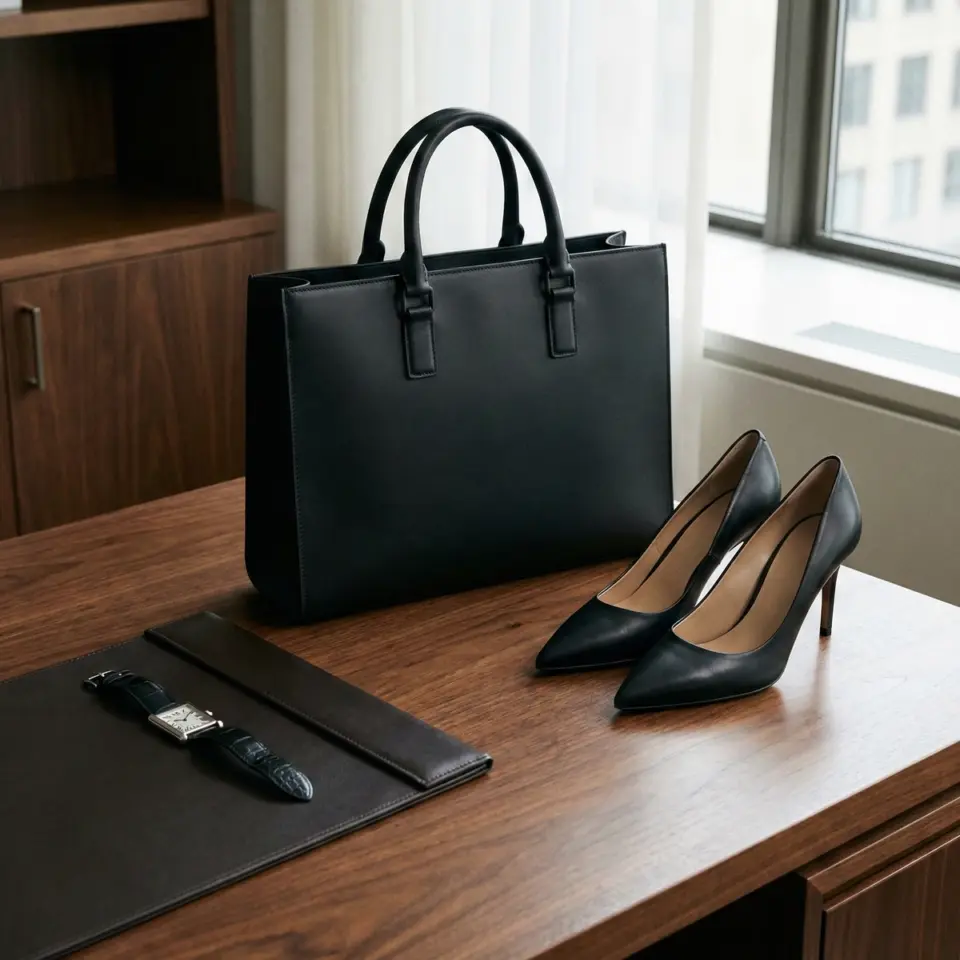 Stylish black handbag and high heels on office desk with leather watch and folder, enhancing professional elegance.