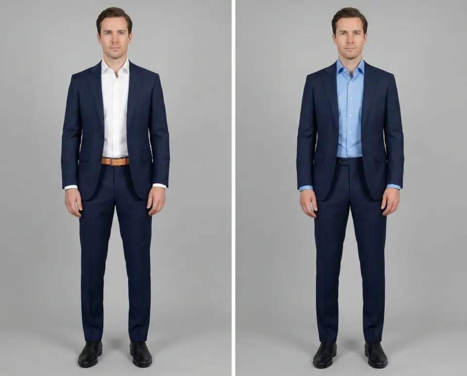 Man in a dark blue suit with a white shirt on the left, blue shirt on the right, showcasing business attire variations.
