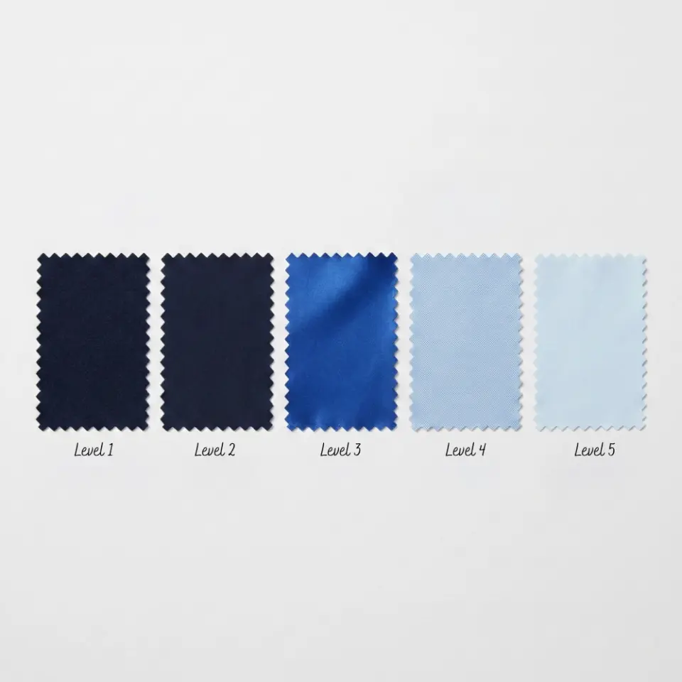 Fabric swatches in gradient shades from dark to light blue, labeled Level 1 to Level 5, arranged in a row.