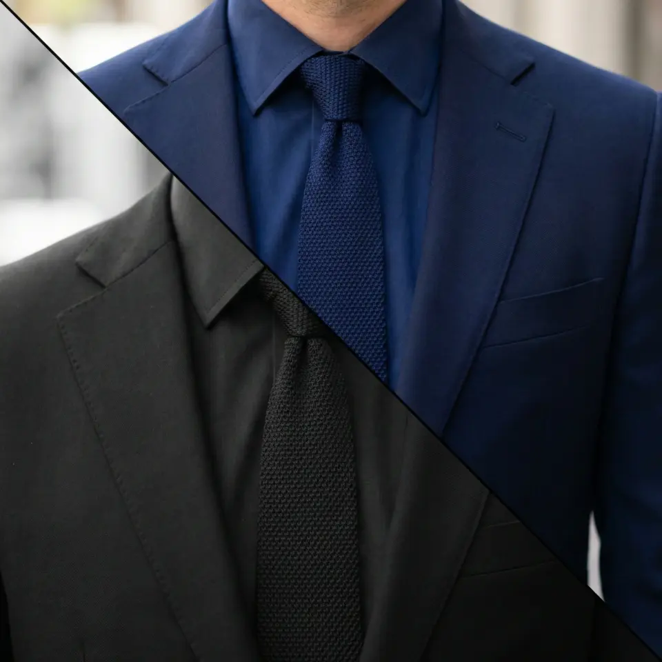 Split image of formal men's suits: one blue with blue tie, one black with black tie, illustrating style contrast.
