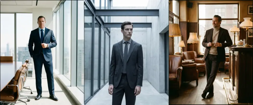 Three men in stylish suits pose in various elegant indoor settings.