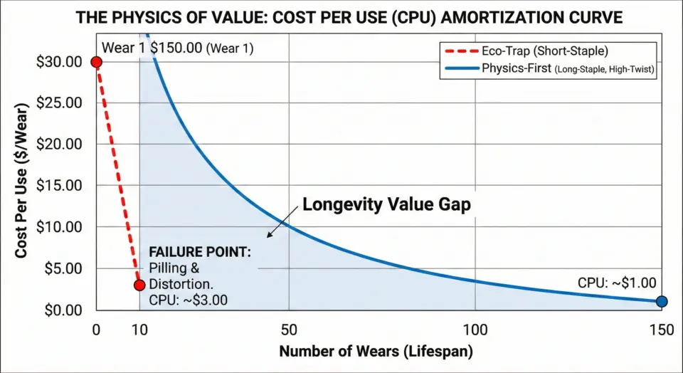 Chart of cost per wear comparing Eco-Trap and Physics-First fabrics, highlighting longevity and failure points.