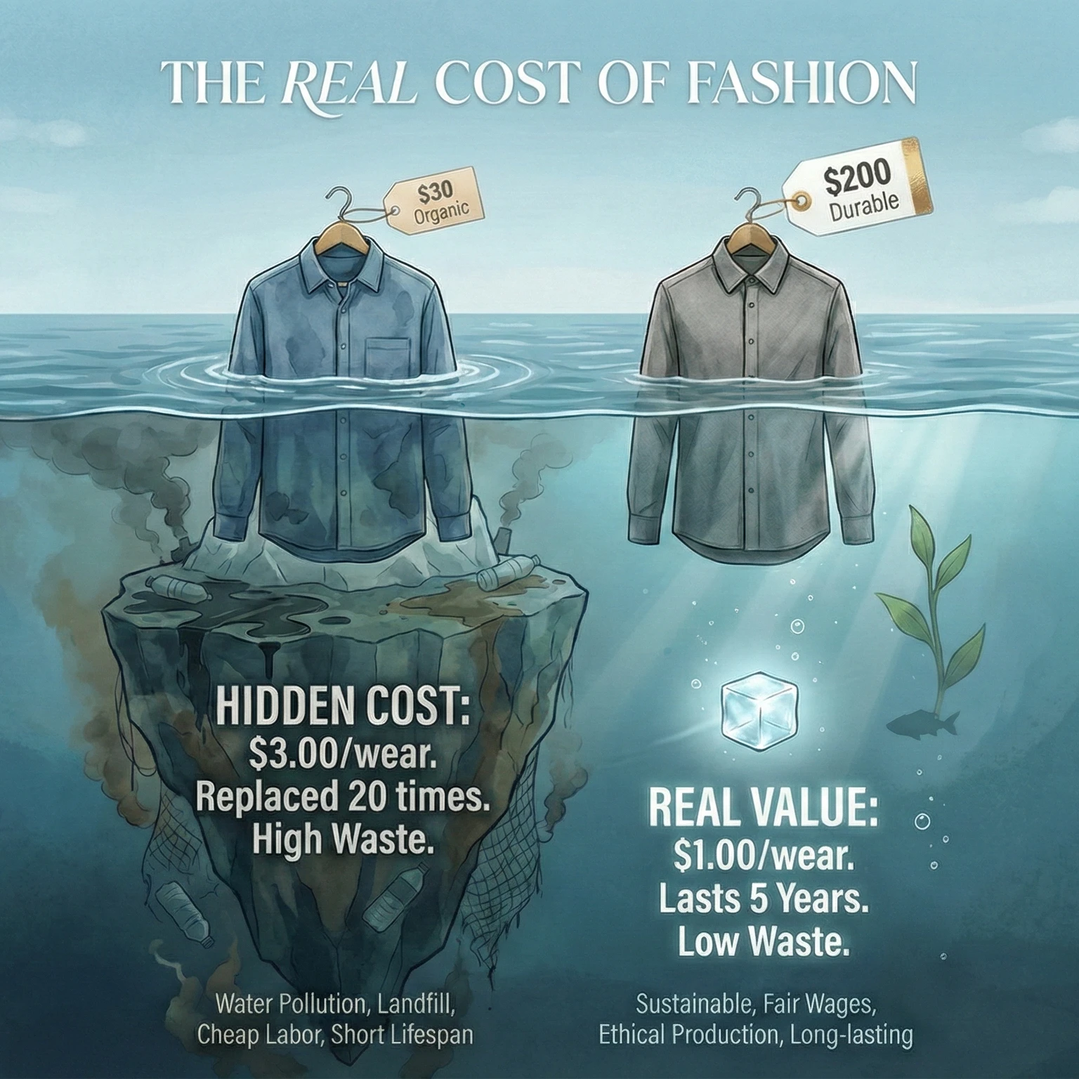 The true cost of fashion: illustrating the impact of cheap vs. durable clothing on the environment and economy.