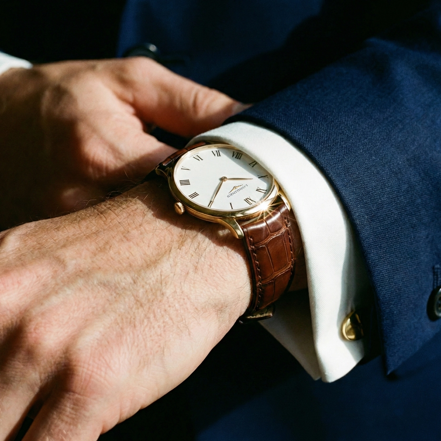 A gold Longines watch paired with a navy blue suit and white shirt, representing the perfect intersection of time and style.