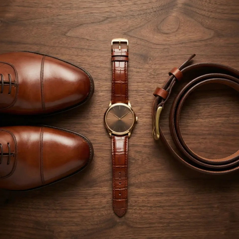 Brown leather shoes, a matching watch, and belt on wooden background, showcasing men's elegant accessory set.