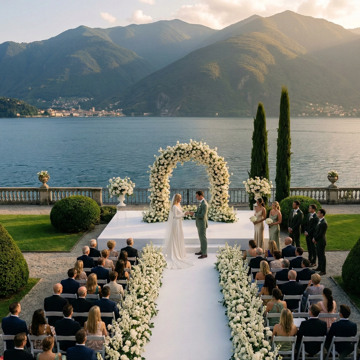 A breathtaking lakefront destination wedding ceremony with a floral arch and stunning mountain views.