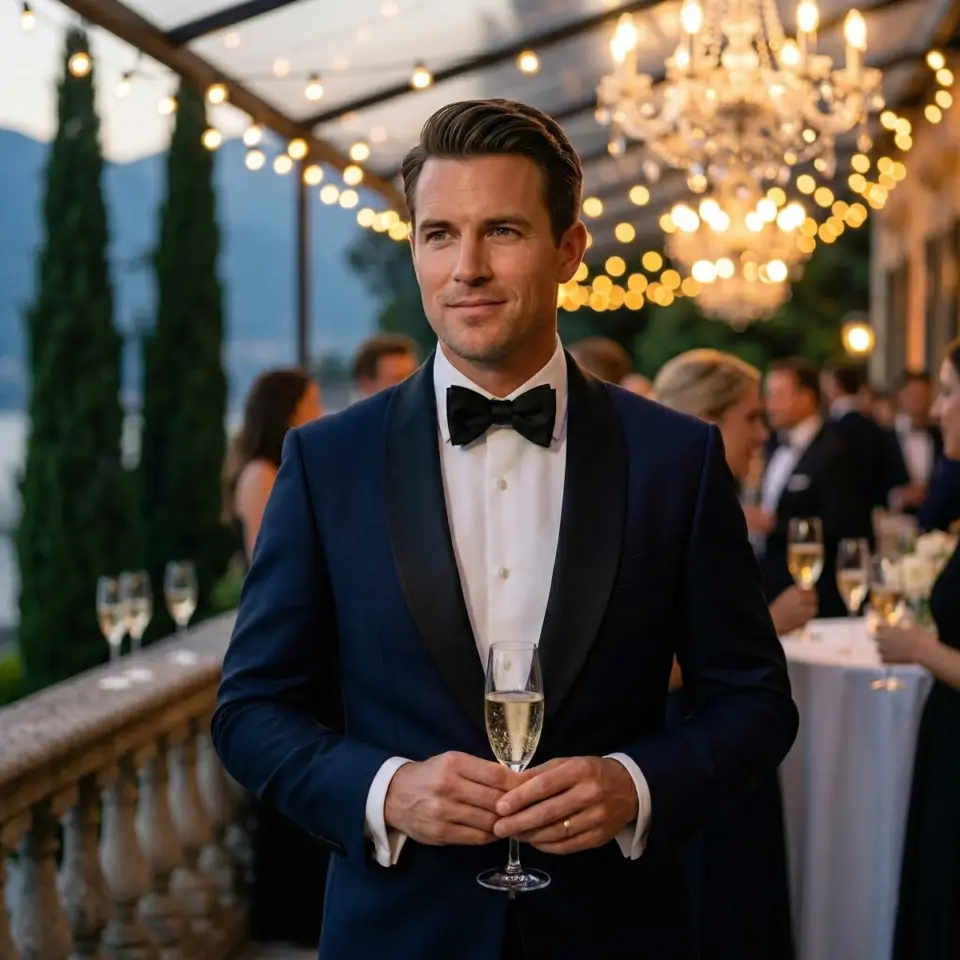Man in a tuxedo holding champagne at an elegant outdoor event with string lights and guests in the background.