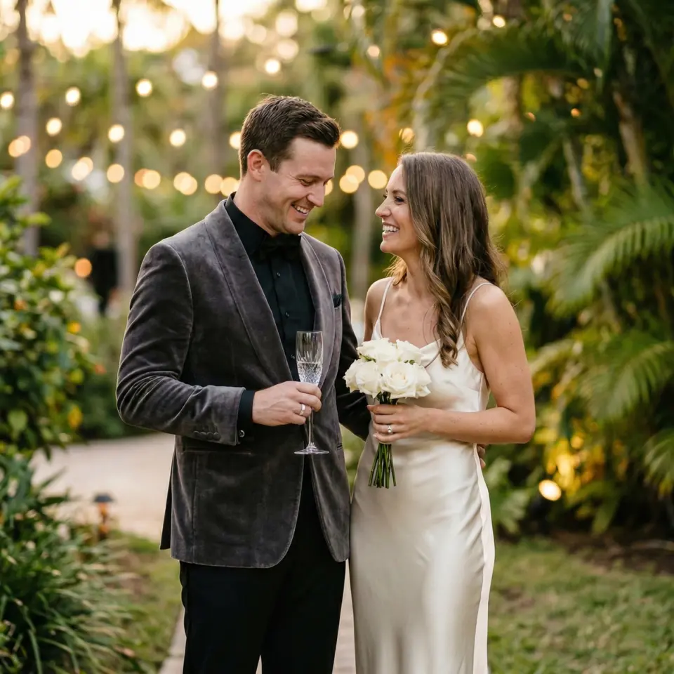 Elegant couple smiling at outdoor wedding, woman holding roses, surrounded by lush greenery and twinkling lights.
