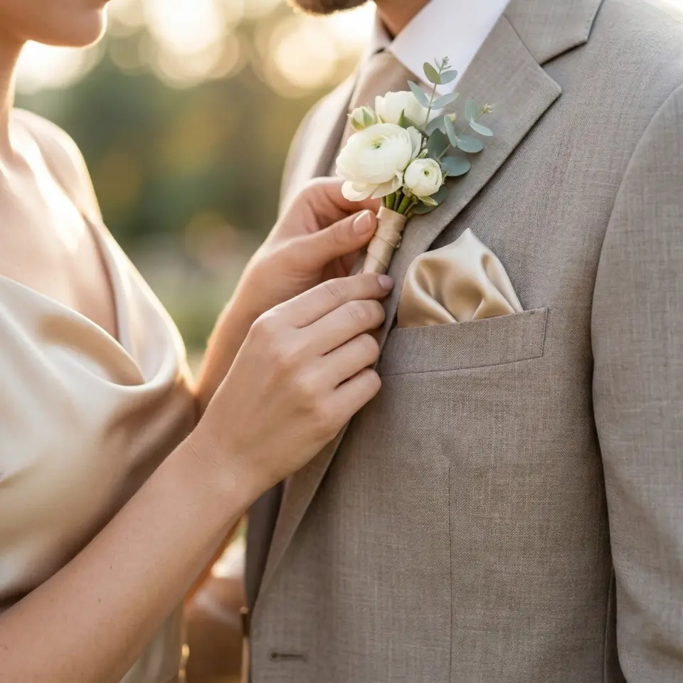 Woman adjusting boutonniere on man in elegant beige suit and silk dress, symbolizing a wedding or formal event.