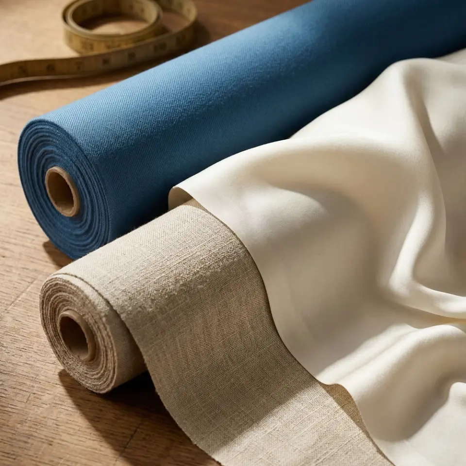 Close-up of fabric rolls: blue, beige, and silk resting on a wooden table with a measuring tape nearby.