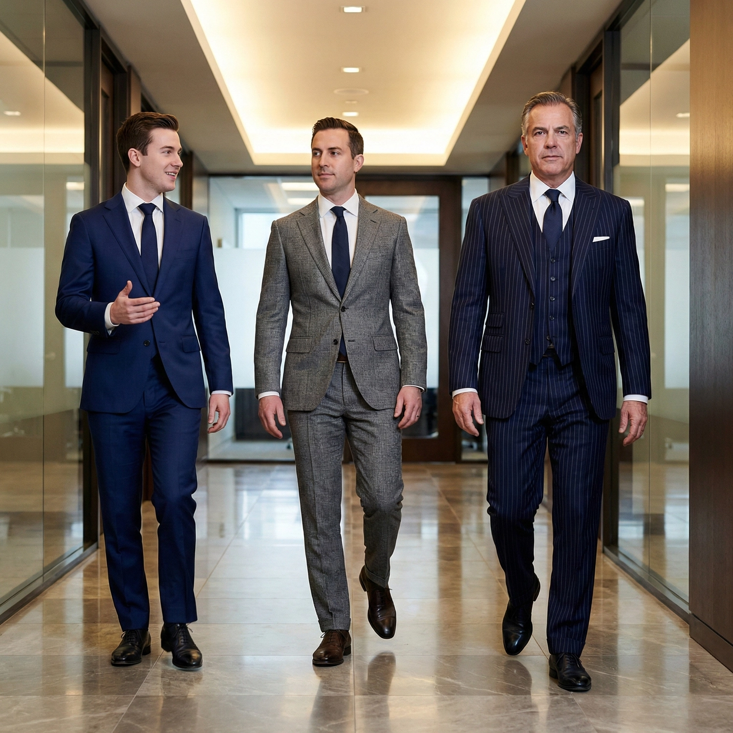 Three legal professionals in tailored suits walking through an office, representing the career progression from associate to senior partner.