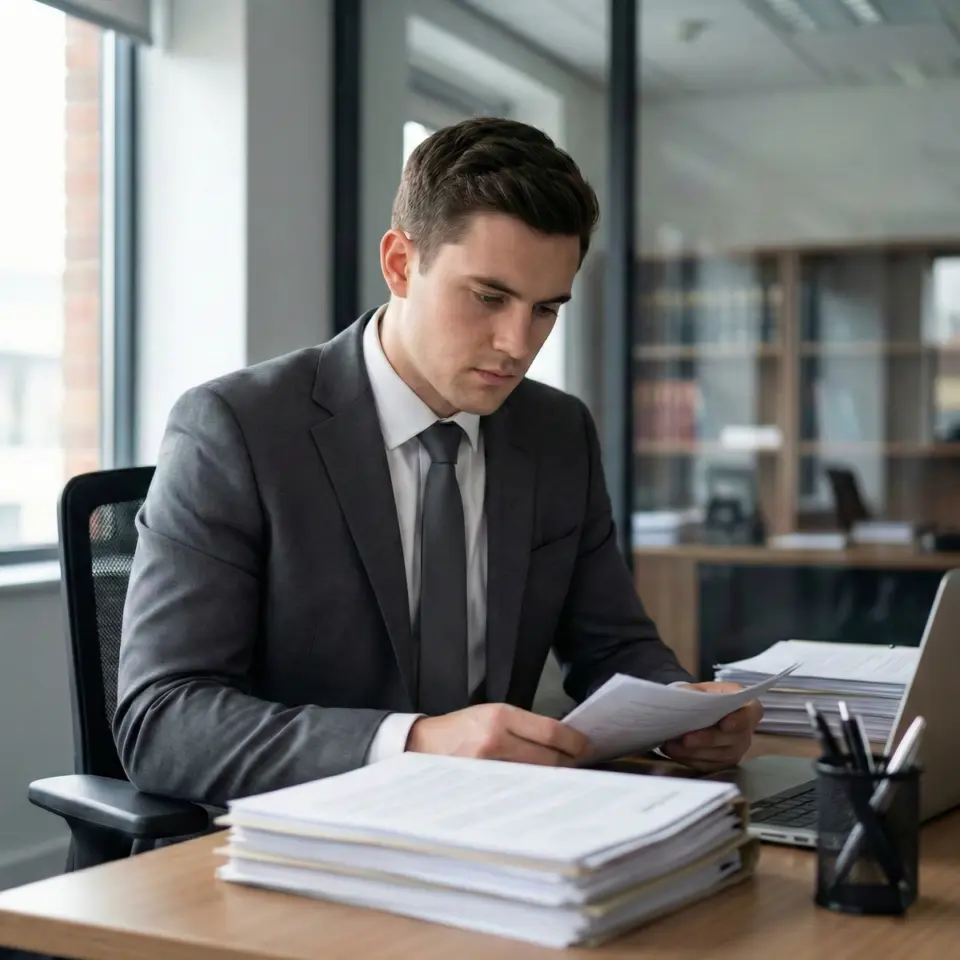 Businessman reviewing documents at office desk with laptop and papers.